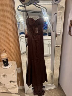 Retrofête Brown Satin Maxi Slip Dress with Lace Bodice